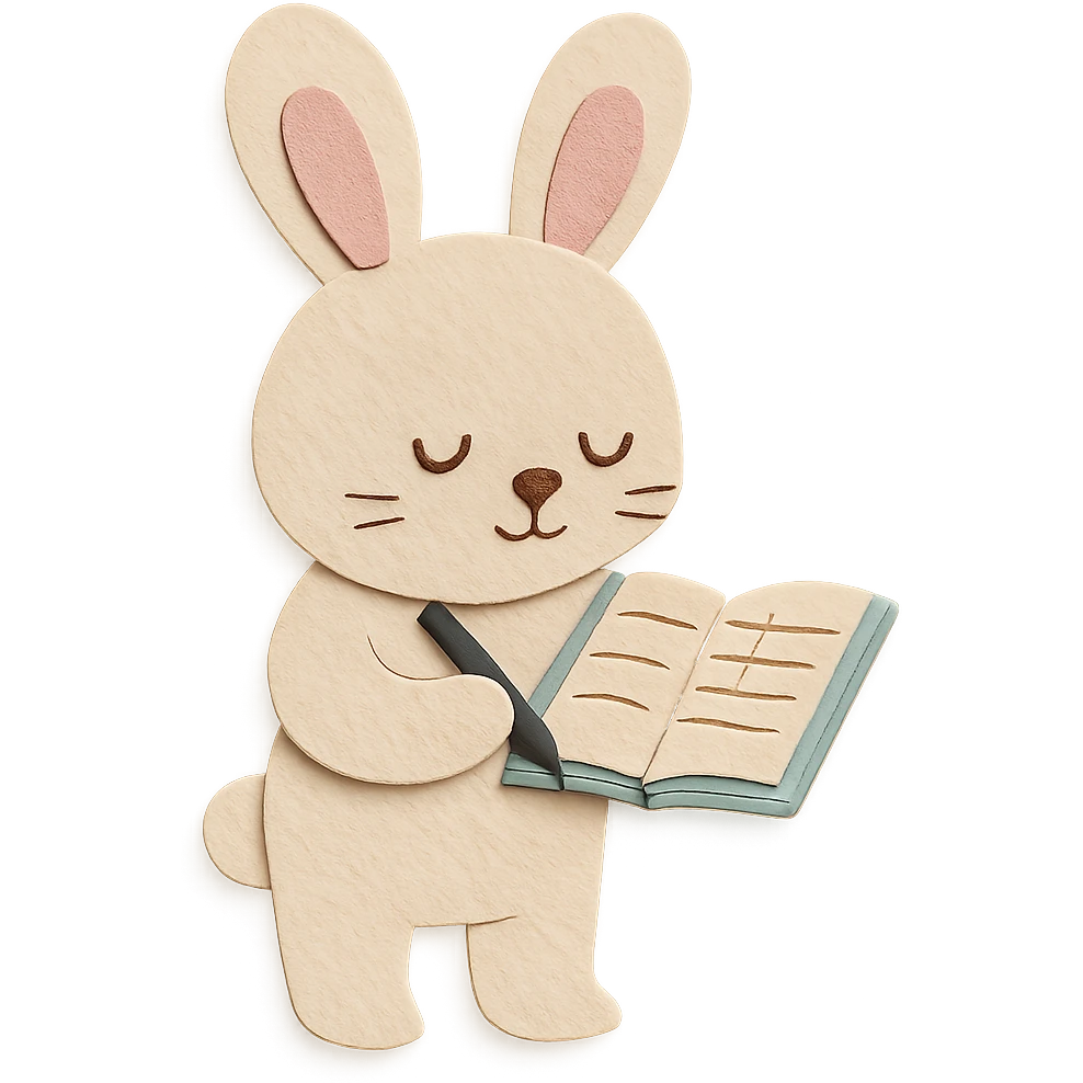 flawless, highly detailed, high quality paper craft style illustration of a cream-colored bunny standing and writing in a planner, perfect proportions, no imperfections, intricate textures, soft lighting, delicate cut-paper details emoji
