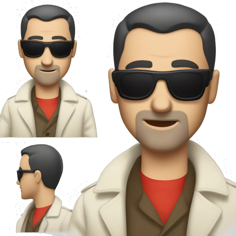 <excerpt>
A 1930s white man with real buzz cut Black hair, beard stubble donning small red tinted sun glasses in a dirty white trench coat, is serious.
</excerpt> emoji