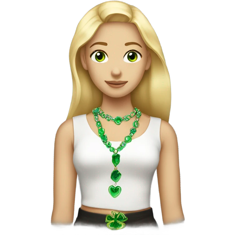 Blonde girl with green eyes wearing a necklace that says “Markelle” emoji