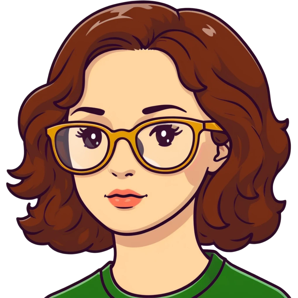 woman with pale skin, brown wavy hair, green eyes, gold glasses emoji