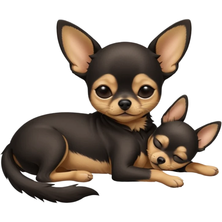 A high-resolution photo-realistic digital illustration of a cute black and tan chihuahua with eyes closed shut sleeping lazily on the ground emoji