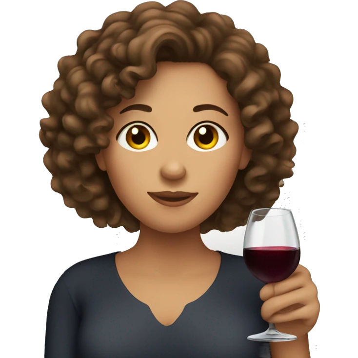 Woman with curly brown hair drinking wine emoji