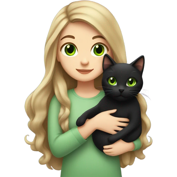 Girl with long brown hair and green eyes holding a black cat emoji