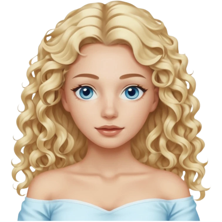 White girl- ocean blue eyes - beauty face mask massage -full care- blonde long curly hair  white off shoulder shirt emoji