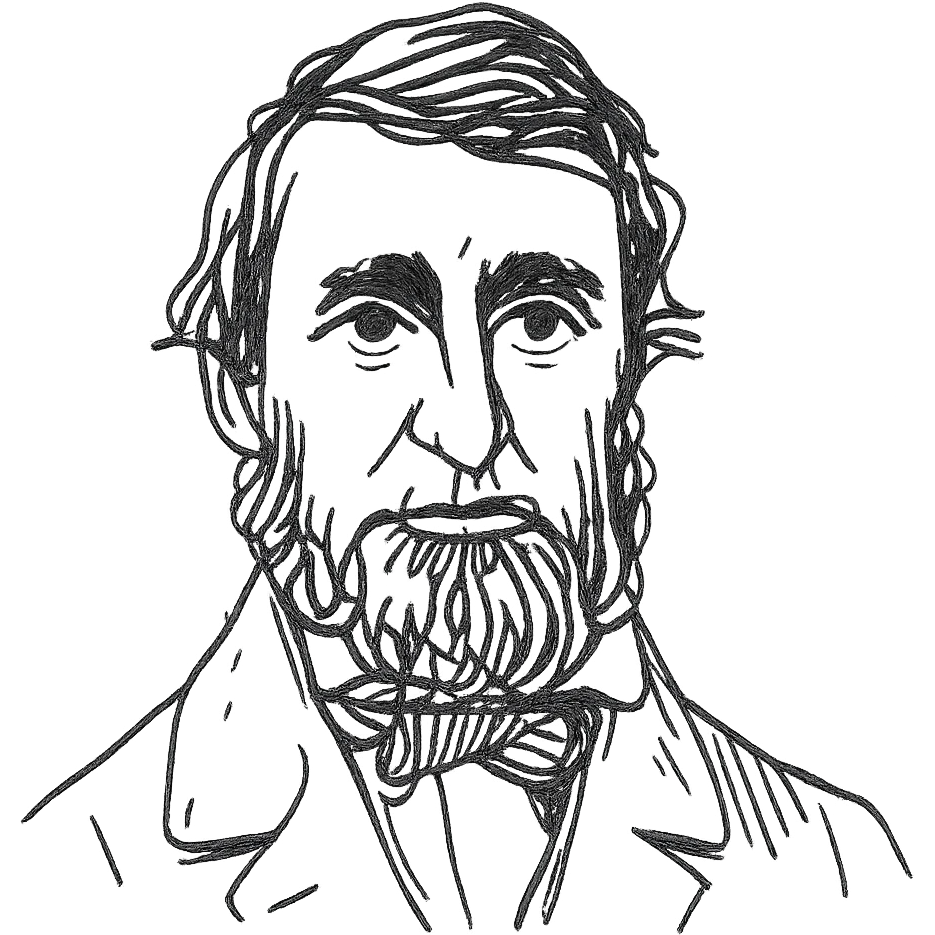a hand drawn black outline portrait of Henry David Thoreau with similar size eyes based a famous photograph of him emoji