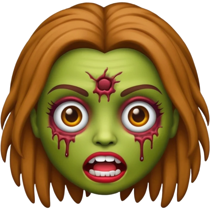 faça uma boneca zumbi estilo emoji do iphone com cabelo cacheado castanho e olhos castanhos emoji