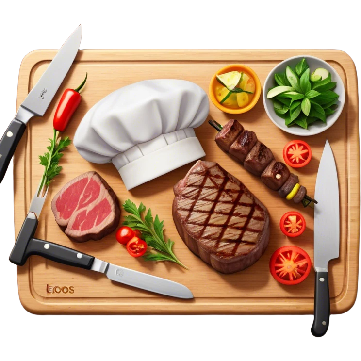 icon featuring a chef’s hat, a cutting board with fresh ingredients, a knife, a beautifully cooked ribeye steak, shashlik skewers, and a plate of food in the making. The design captures the passion of cooking with warm, inviting colors, and realistic textures. Transparent background. emoji