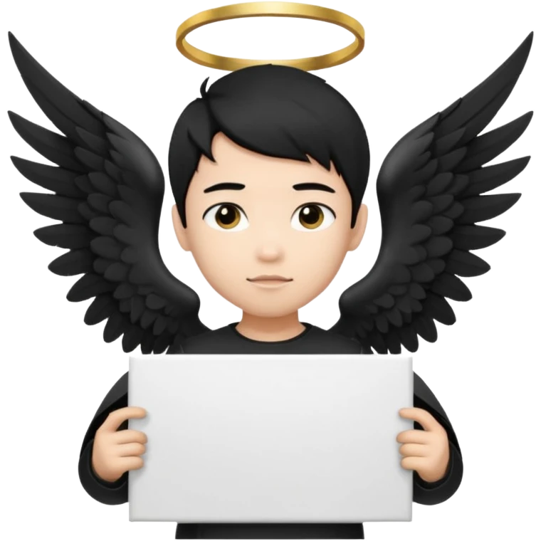 Asian Boy Angel with black hair black halo and black wings holding a large blank sign emoji