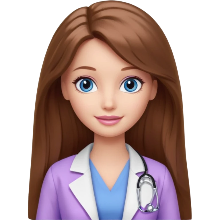 beautiful barbie girl with long brown hair, blue eyes and wearing light purple clothes watching doctor who emoji