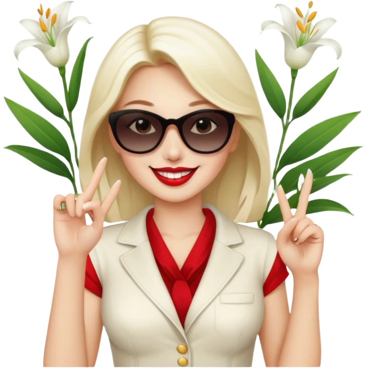 Professional sexy woman smiling holding lilies posing in shades  and flashing peace sign fingers emoji