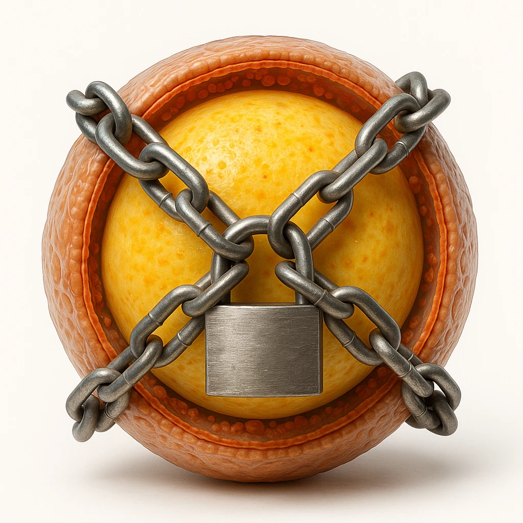 cross section of adipocyte surrounded by chains and padlock preventing fat release, hyper realistic 4K, membrane details, white background emoji