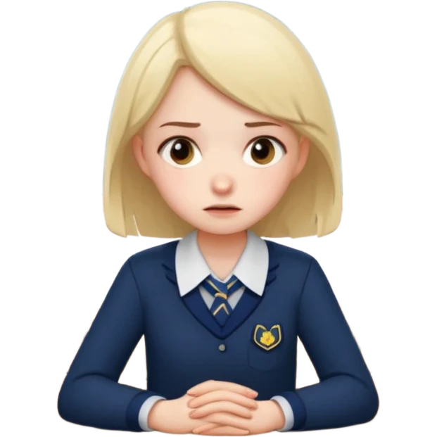 an anxious girl in school uniform sitting in front of a table  emoji