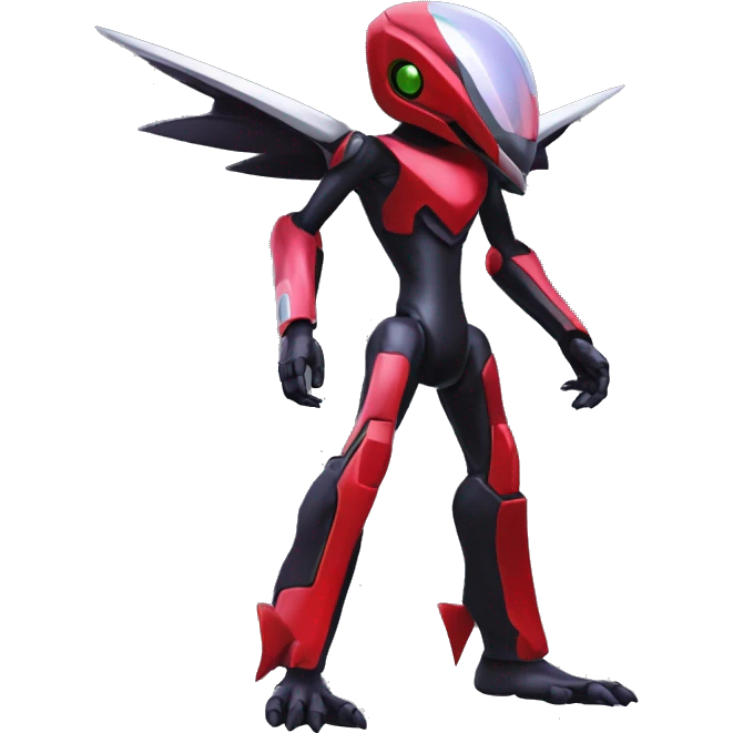 a shiny metallic black-red Genesect-Flygon-Raptor-Fakémon-Medabot-hybrid with a futuristic visor-helmet full body emoji