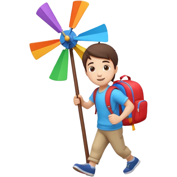 cute boy carrying a toy windmill backpack, colorful windmill spinning on the back, happy expression, casual outfit, 3D cartoon, mobile game icon style, clean background, no text, no watermark
 emoji
