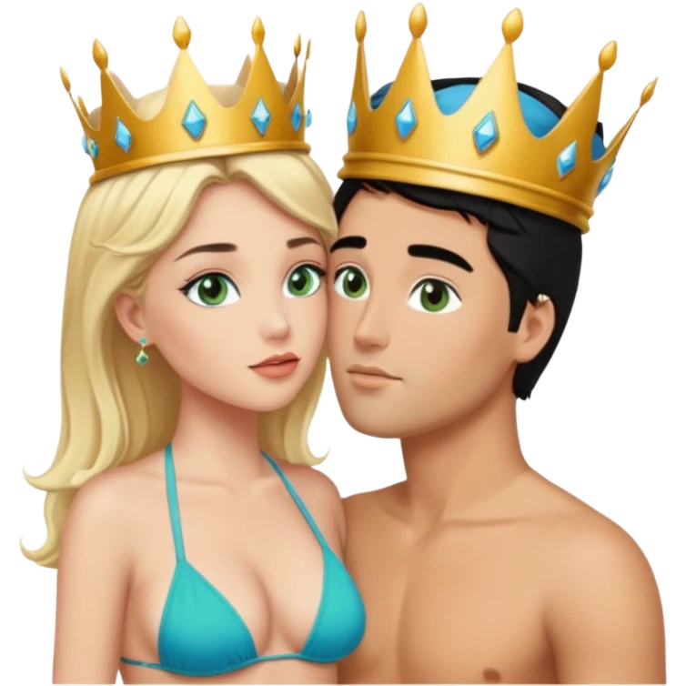 Blonde Queen with crownGreen eyes in Bikini kissing Male subject without crown black hair blue eyes Background sky emoji