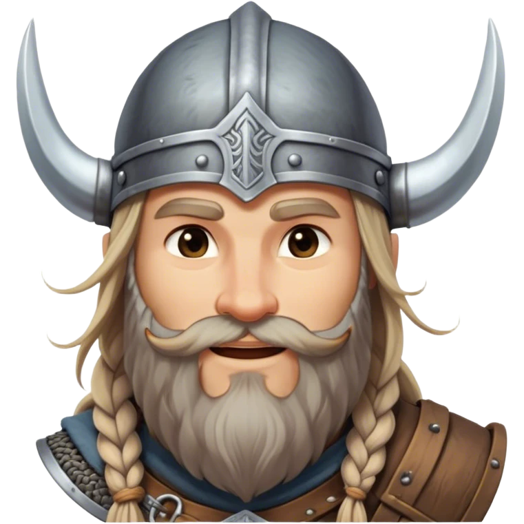 Clash of Clans aesthetic: Beautiful and Majestic Viking Portrait Emoji, Rendered in serene confidence with a gentle, enigmatic smile and a refined, weathered Viking helmet, showcasing a noble, sturdy build with long braided hair and a dignified beard, his face in natural skin tone, Simplified yet exquisitely endearing features, highly detailed, glowing with a soft, majestic Nordic light, high shine, calm and heroic, stylized with an air of timeless Norse elegance, soft glowing outline, capturing the essence of a majestic Viking whose noble spirit inspires epic quests! emoji