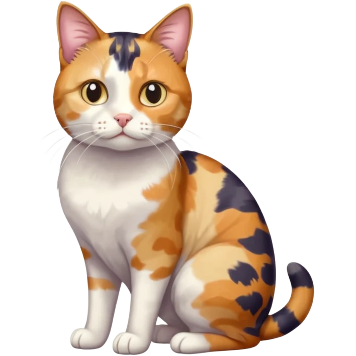 full body anxious looking colourful patchy calico tabby cat with tiny head to large body with fully white front legs emoji