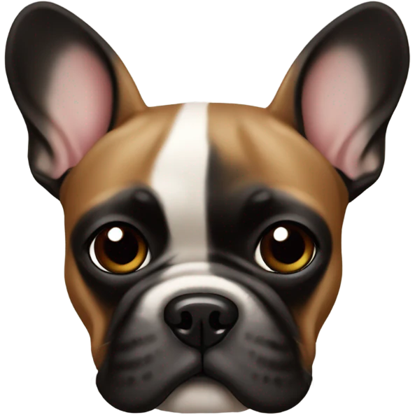 A French bulldog with a black face and brown body with kibble emoji