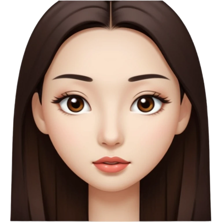 Una chica con piel muy clarita con pelo liso largo de color castaño y unos ojos marrones oscuro y labios grandes y nariz bonita y con unas pestañas que parezca asiatica que tenga las cejas un poquito mas juntas emoji