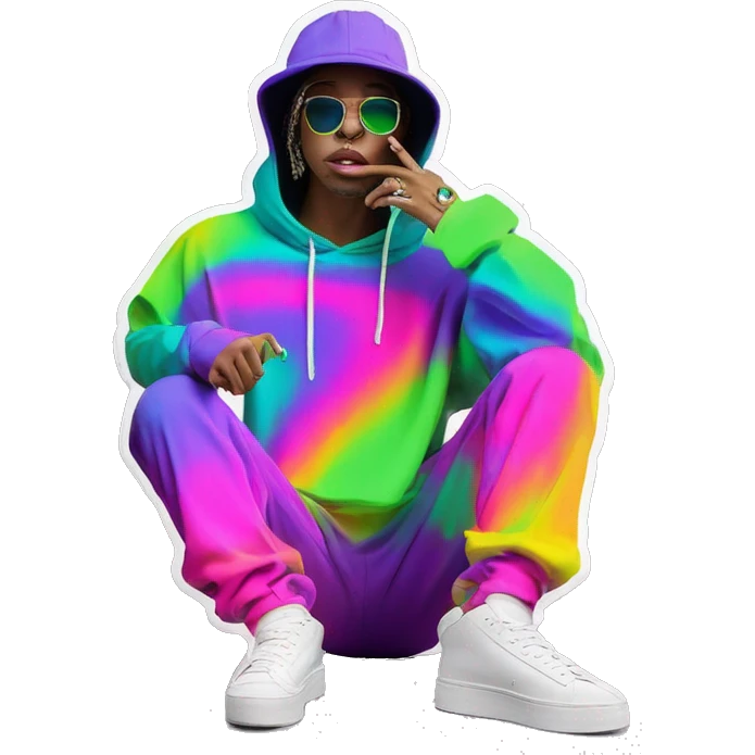 Multicoloured neon person smoking wearing hoodie dancing hip hop bucket hat tropical Skater fashion aesthetic baggy clothes graphic t shirt 420 emoji