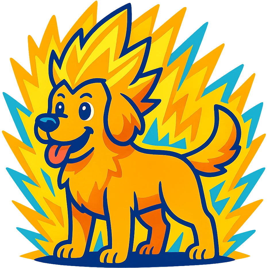 cartoon golden retriever with spiky glowing hair and a super saiyan energy aura, vibrant colors emoji