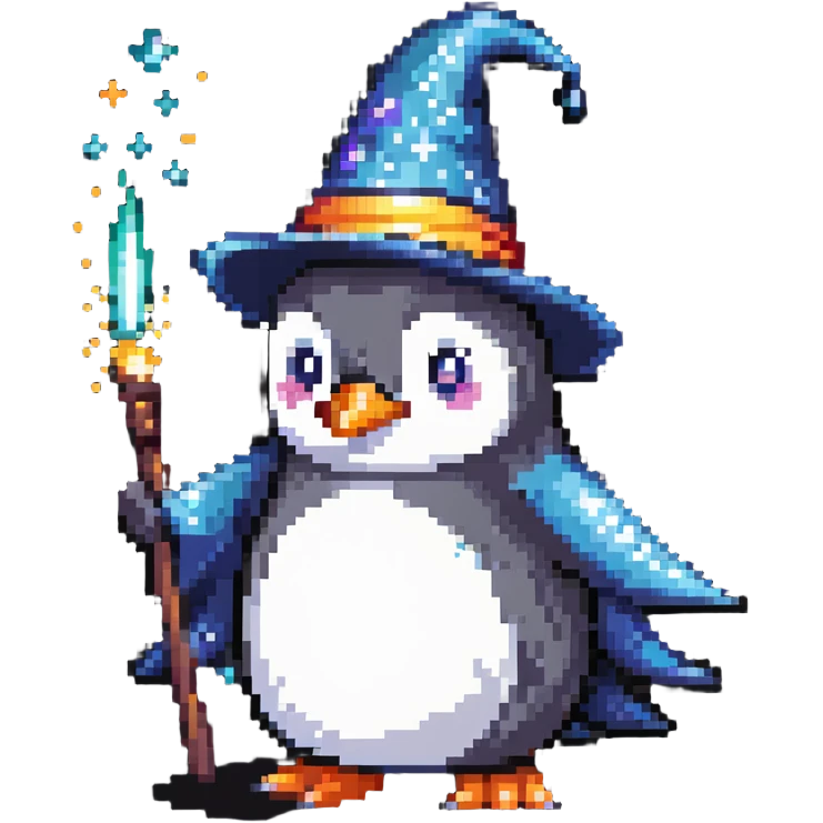 a penguin wizard casting a spell with sparkles emoji