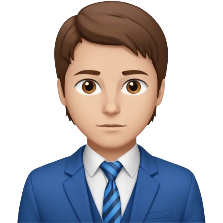 un homme type caucasien brun plutôt jeune avec des jolies traits avec une chemise blanche et une veste a manche longues et cravate bleu il a les yeux marron emoji