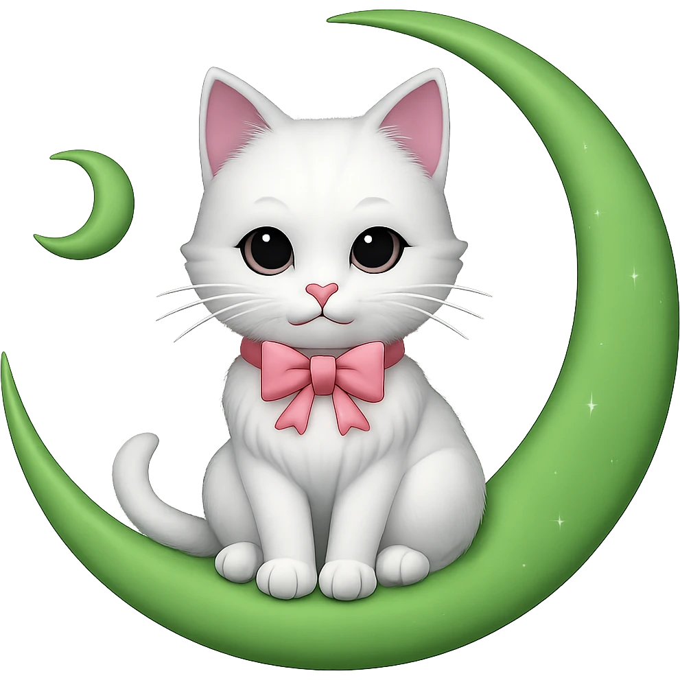 Change the crescent moon to green, keep the white cat with pink bow, in emoji style with no background. emoji