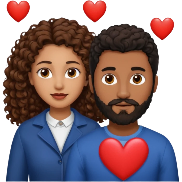 pareja de Mujer morena rizada cabello largo castaño ojos oscuros y hombre blanco con cabello negro corto con barba y ojos marron alrededor de la pareja corazones emoji