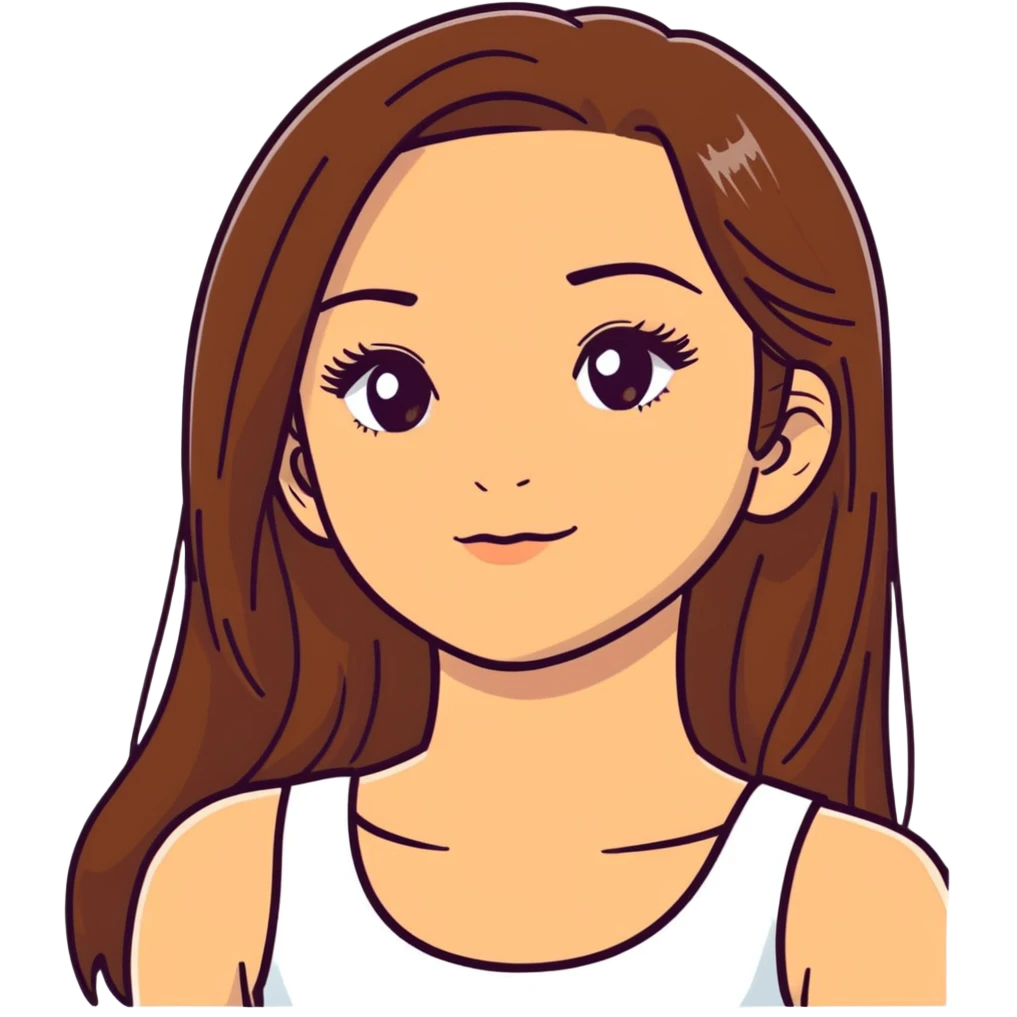 beautiful girl, long straight brown hair, brown eyes with lashes, wearing a white crop top, tan skin emoji