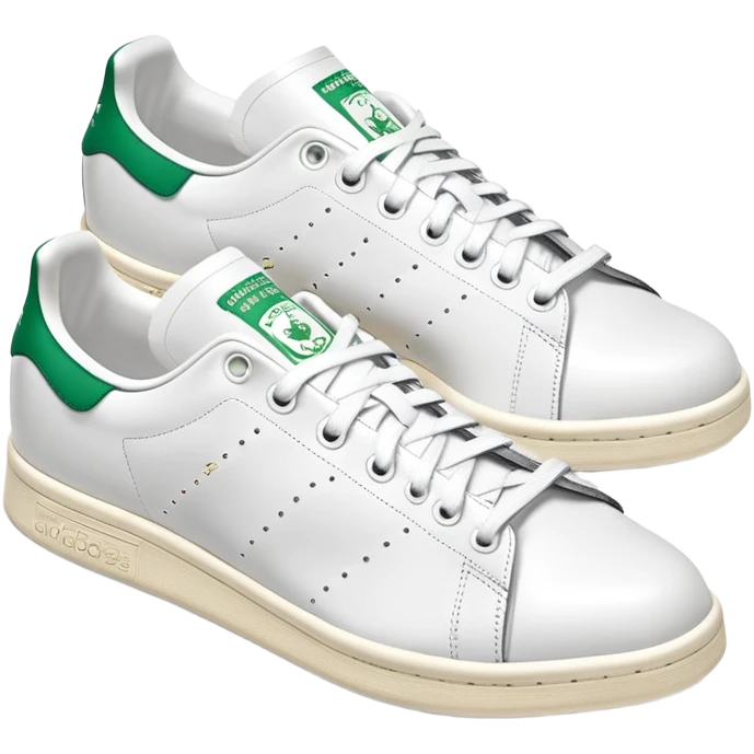 A pair of white Adidas Stan Smith sneakers arranged with one shoe behind the other, white leather with green heel tabs, classic design, both shoes visible emoji