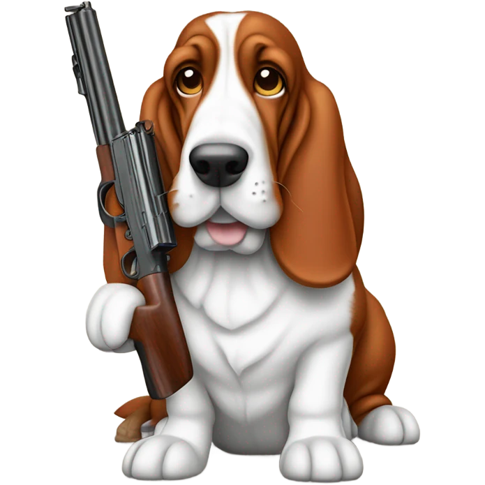 Red and white basset hound with gun emoji