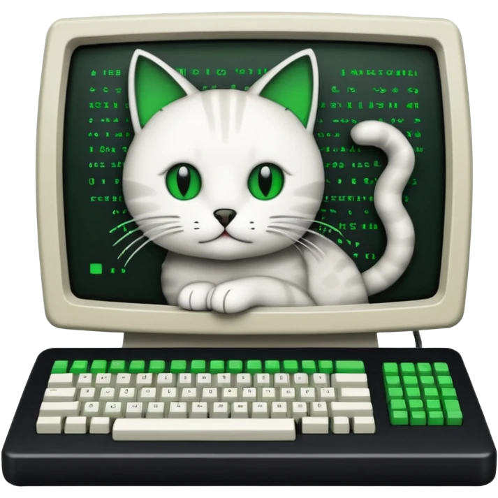 mac os icon code computer retro terminal, black, green white, cat draw with ASCII code inside the terminal emoji