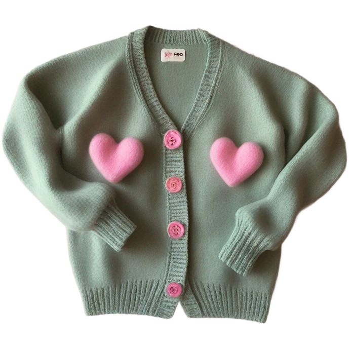 Sage oversize wool open short cardigan with pink heart buttons, isolated emoji