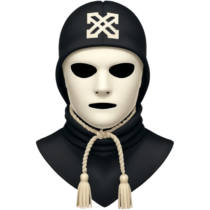 Deconstructed off-white balaclava with frayed layers, rope tassels, subtle embroidery. Studio photo, white bg, soft light. Streetwear luxury style.
 emoji