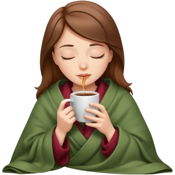 brown-haired white girl inside a blanket sipping coffee eyes closed emoji