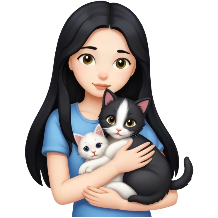 A girl with long black hair tightly hugged a kitten emoji