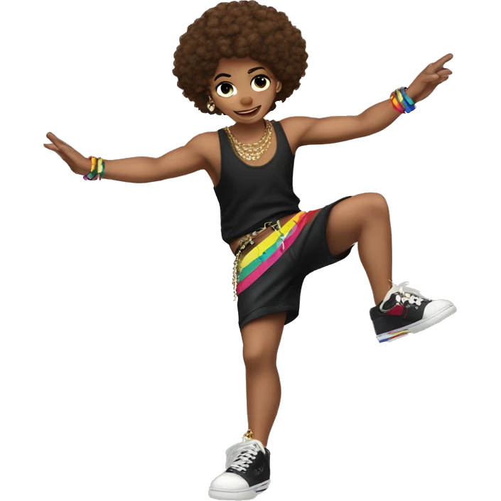 Spinning break dancer, short fuzzy brown hair, white skin, black singlet, rainbow coloured shorts, black shoes, gold chain, earings emoji
