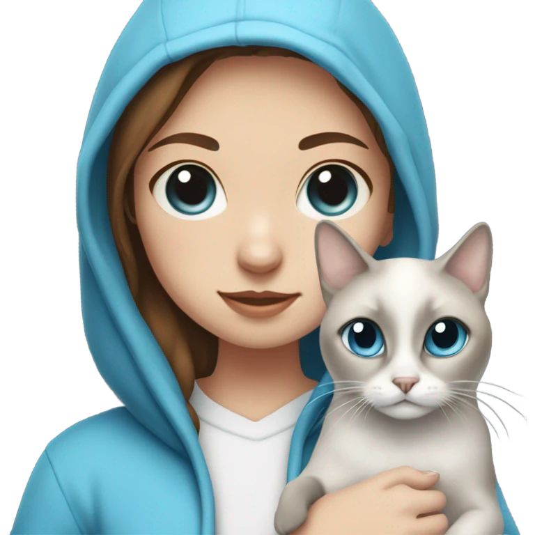 girl with brown hair and freckles, wearing a hoodie, holding a Siamese cat that is white and gray and the cat has blue eyes  emoji