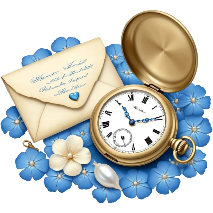 An elegant still life of a vintage pocket watch with an engraved case, lying next to a faded love letter sealed with a pearl wax stamp, surrounded by delicate white and blue floral petals.
 emoji