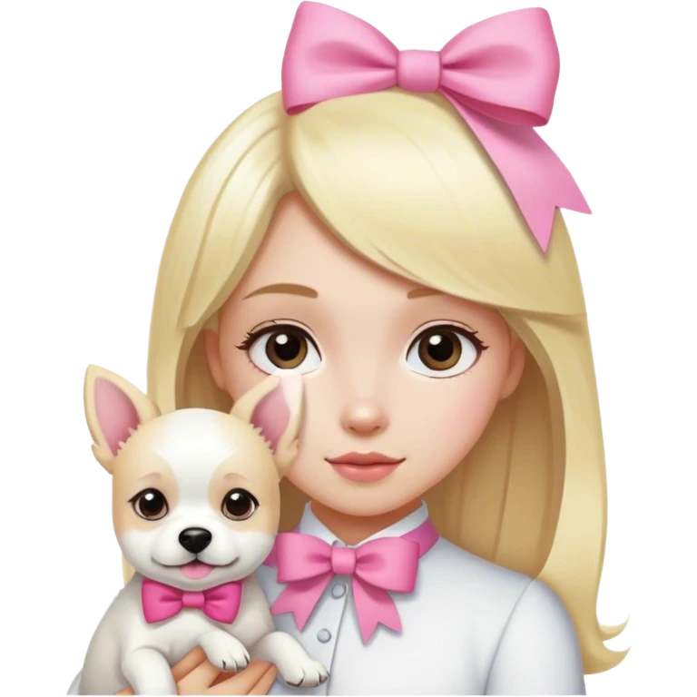una rubia con un lazo rosado cargando a un perro blanco  emoji