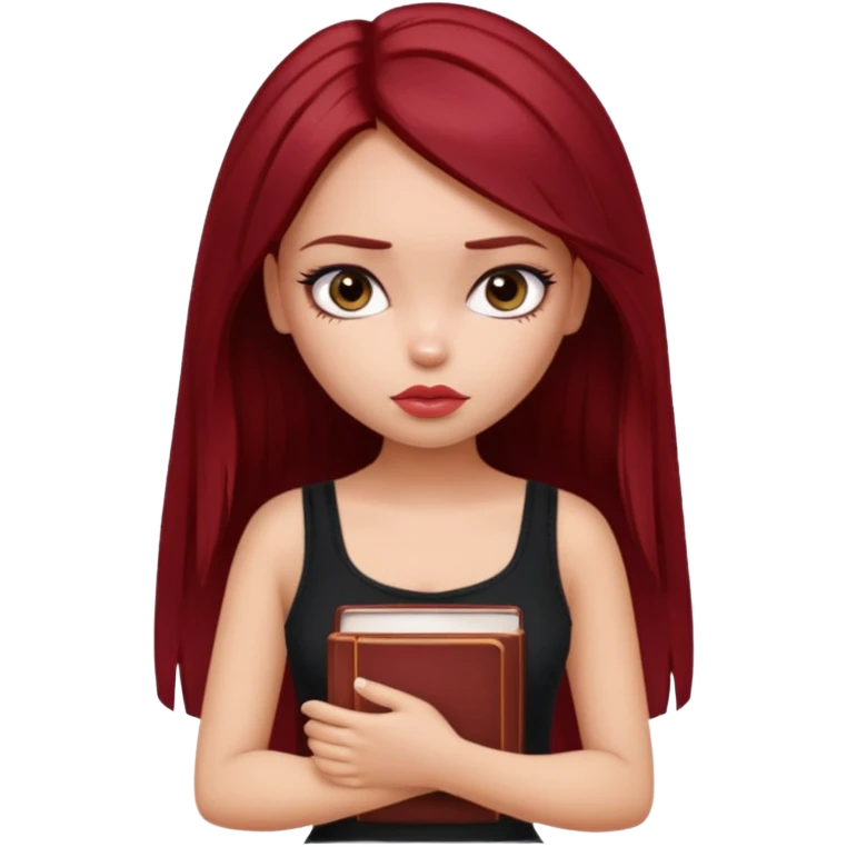 a pretty bratz fair girl with dark red straight hair, black cami top, looking sad holding books emoji