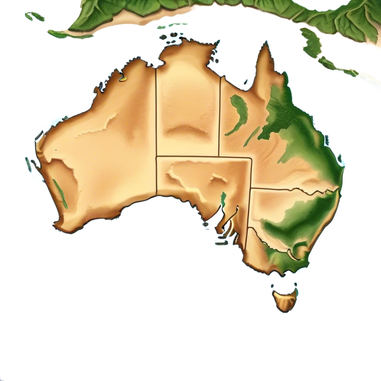 Outline and Landmass of Australia – Cinematic-realistic map of Australia, featuring its distinct coastline and iconic landmass shape. The deep blue ocean surrounds the golden-brown continent, with subtle topographic details highlighting its vast deserts, lush forests, and rugged coastline. A soft glow accentuates the edges, making the shape unmistakable. emoji