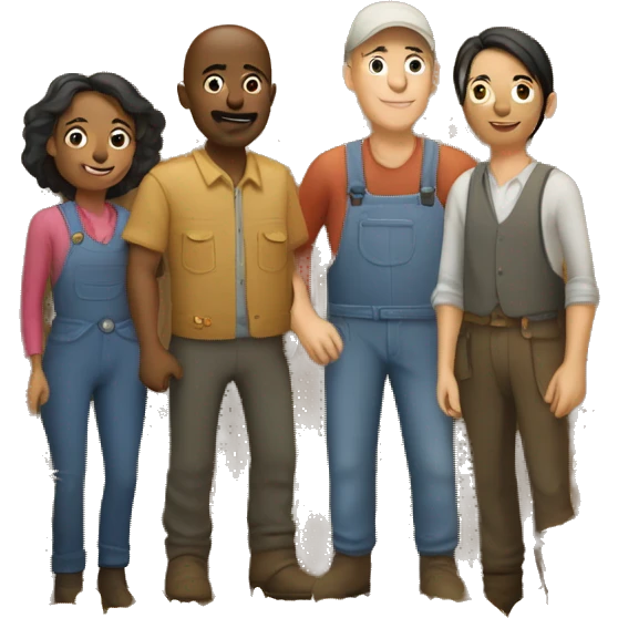 barn with two farmers, one male and one female and some customers of various ethnic backgrounds emoji