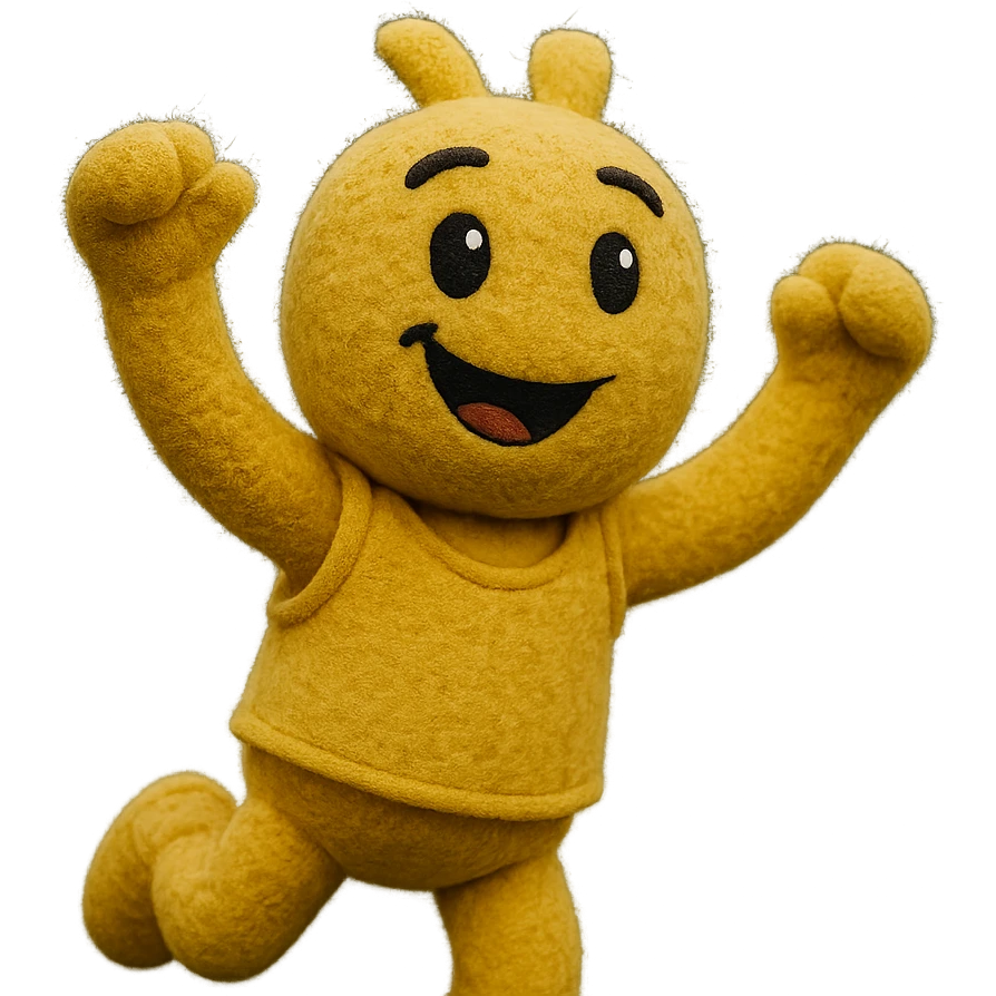 yellow athletic mascot with soft fuzzy texture and big eyes, fun and engaging, jumping with excitement emoji