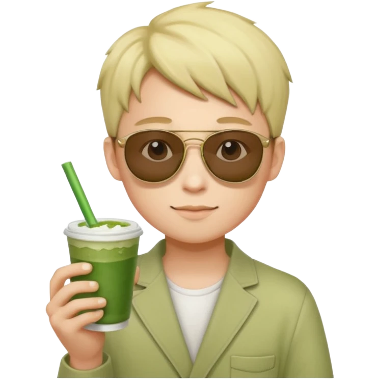 portrait of a boy with sunglasses and matcha emoji