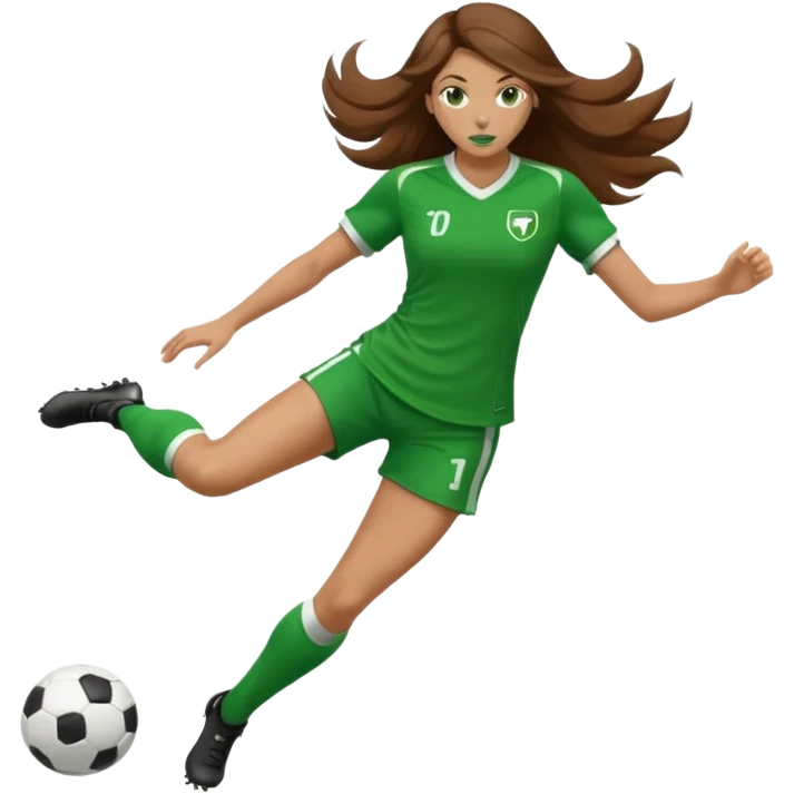 Long Haired Football Players, Female player, green cloth, full body kick ball emoji