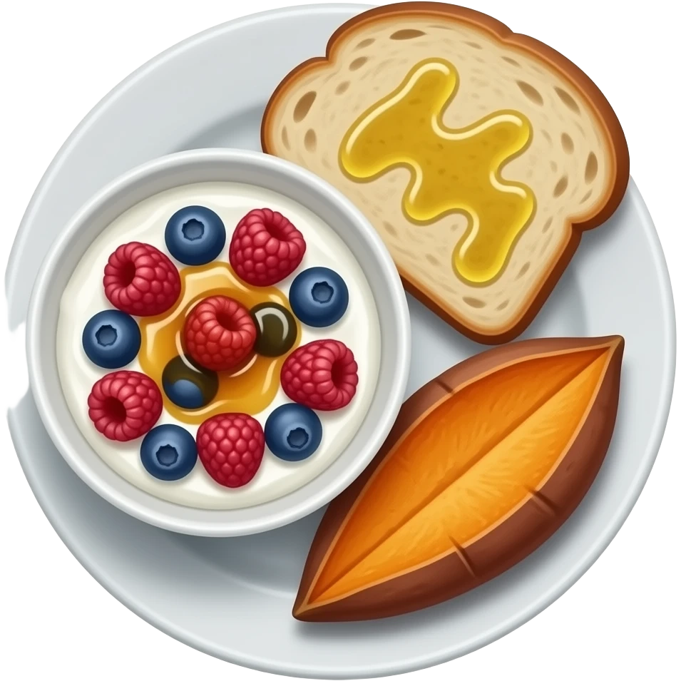 Realistic Plate with greek yogurt bowl topped with blueberries raspberries and maple syrup and sourdough slice topped with olive oil and a sweet potato on the side HD emoji