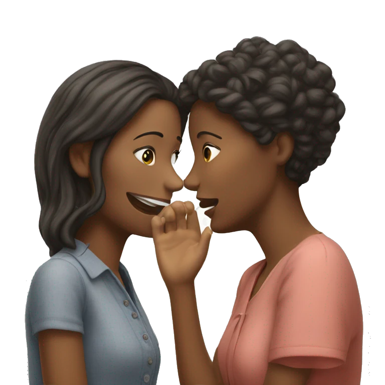 One woman whispers into the ear of another woman closing by hand emoji