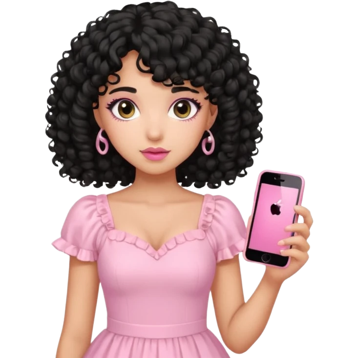 uma menina fofa de pele oliva e cabelos pretos encaracolados e com franja encaracolada e um vestido rosa pastel detalhado e maquiagem levemente rosada enquanto segura um iphone rosa emoji